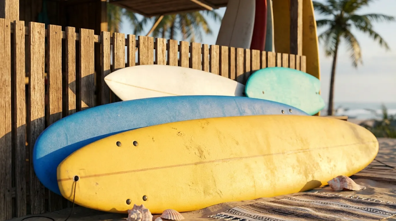 Planches de surf alignées sur la plage pour débutants