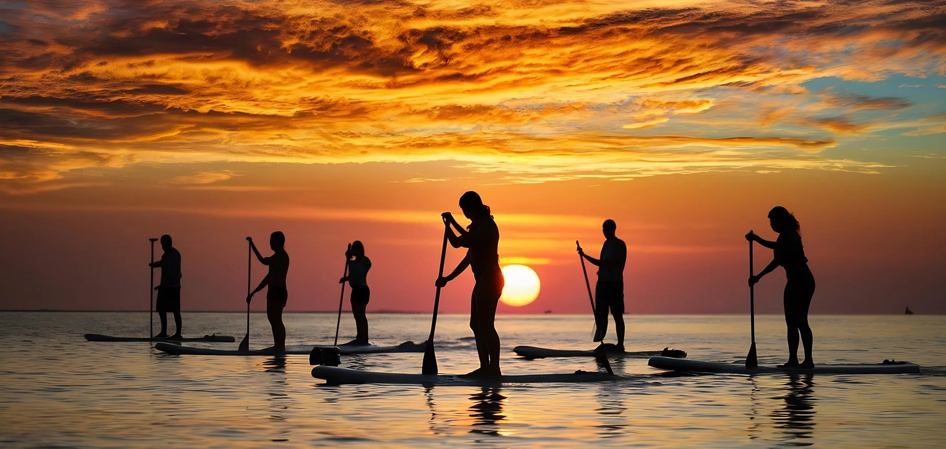 Groupe de pratiquants de paddle SUP au coucher de soleil