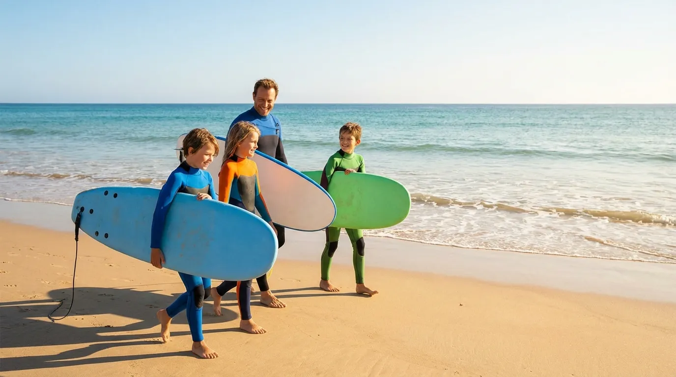 Famille apprenant le surf sur une plage ensoleillée